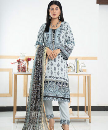 Pakistani Woman Wearing Digital Printed Linen Having Embroidery on Gala and Daman by Ayesha Styles