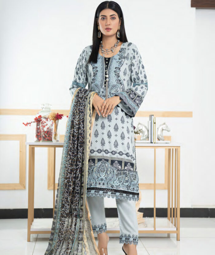 Pakistani Woman Wearing Digital Printed Linen Having Embroidery on Gala and Daman by Ayesha Styles