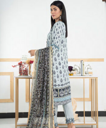 Pakistani Woman Wearing Digital Printed Linen Having Embroidery on Gala and Daman by Ayesha Styles