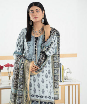 Pakistani Woman Wearing Digital Printed Linen Having Embroidery on Gala and Daman by Ayesha Styles