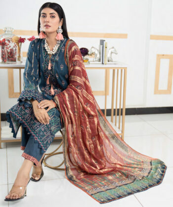 Pakistani Woman Wearing Digital Printed Linen Having Embroidery on Gala and Daman by Ayesha Styles