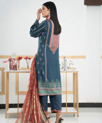 Pakistani Woman Wearing Digital Printed Linen Having Embroidery on Gala and Daman by Ayesha Styles