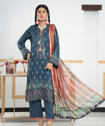 Pakistani Woman Wearing Digital Printed Linen Having Embroidery on Gala and Daman by Ayesha Styles