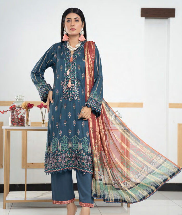 Pakistani Woman Wearing Digital Printed Linen Having Embroidery on Gala and Daman by Ayesha Styles