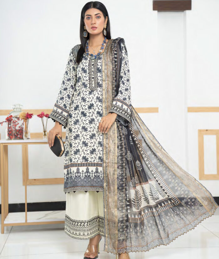 Pakistani Woman Wearing Digital Printed Linen Having Embroidery on Gala and Daman by Ayesha Styles