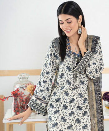 Pakistani Woman Wearing Digital Printed Linen Having Embroidery on Gala and Daman by Ayesha Styles