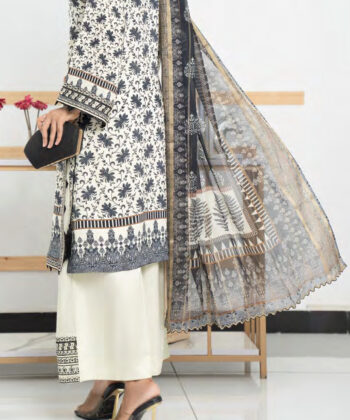 Pakistani Woman Wearing Digital Printed Linen Having Embroidery on Gala and Daman by Ayesha Styles