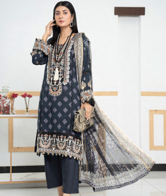 Pakistani Woman Wearing Digital Printed Linen Having Embroidery on Gala and Daman by Ayesha Styles