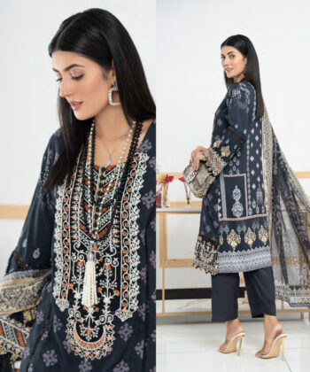 Pakistani Woman Wearing Digital Printed Linen Having Embroidery on Gala and Daman by Ayesha Styles