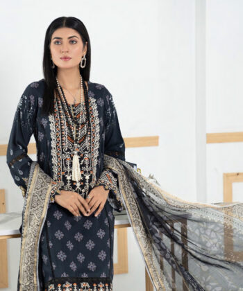 Pakistani Woman Wearing Digital Printed Linen Having Embroidery on Gala and Daman by Ayesha Styles