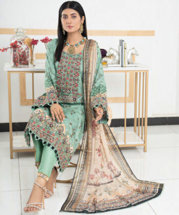 Pakistani Woman Wearing Digital Printed Linen Having Embroidery on Gala and Daman by Ayesha Styles