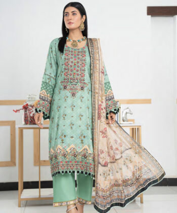 Pakistani Woman Wearing Digital Printed Linen Having Embroidery on Gala and Daman by Ayesha Styles