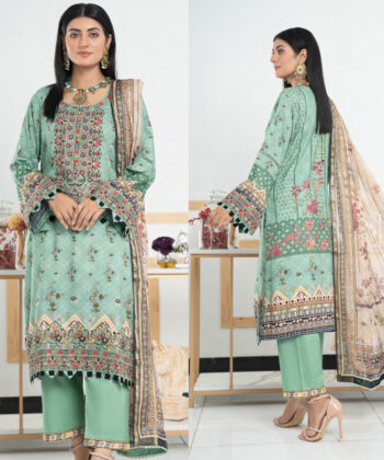 Pakistani Woman Wearing Digital Printed Linen Having Embroidery on Gala and Daman by Ayesha Styles