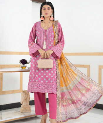 Pakistani Woman Wearing Digital Printed Linen Having Embroidery on Gala and Daman by Ayesha Styles