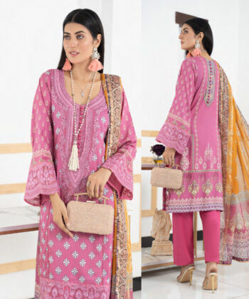 Pakistani Woman Wearing Digital Printed Linen Having Embroidery on Gala and Daman by Ayesha Styles