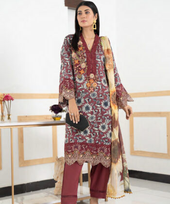 Pakistani Woman Wearing Digital Printed Linen Having Embroidery on Gala and Daman by Ayesha Styles