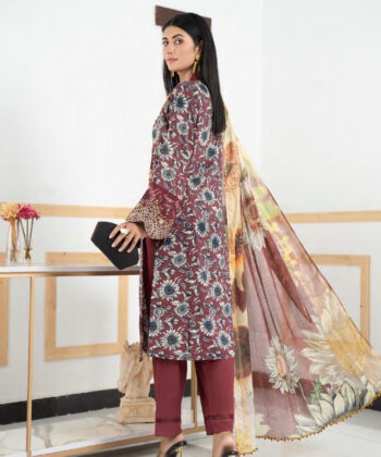 Pakistani Woman Wearing Digital Printed Linen Having Embroidery on Gala and Daman by Ayesha Styles