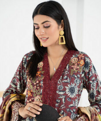 Pakistani Woman Wearing Digital Printed Linen Having Embroidery on Gala and Daman by Ayesha Styles