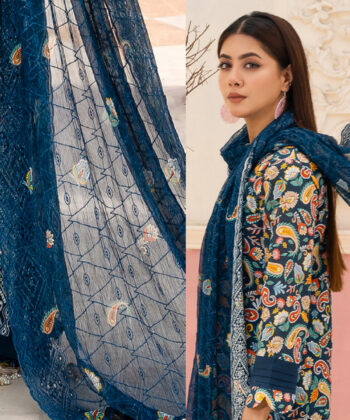 Pakistani woman wearing digital printed lawn shawlar kameez by Ayesha Styles.