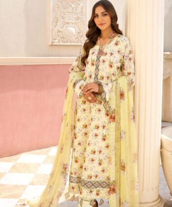 Pakistani woman wearing digital printed lawn shawlar kameez by Ayesha Styles.